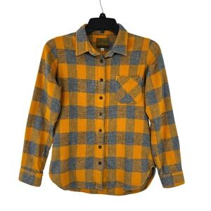 Levitate Flannel Button Down Womens M Mustard Grey Buffalo Plaid USA Made Rustic